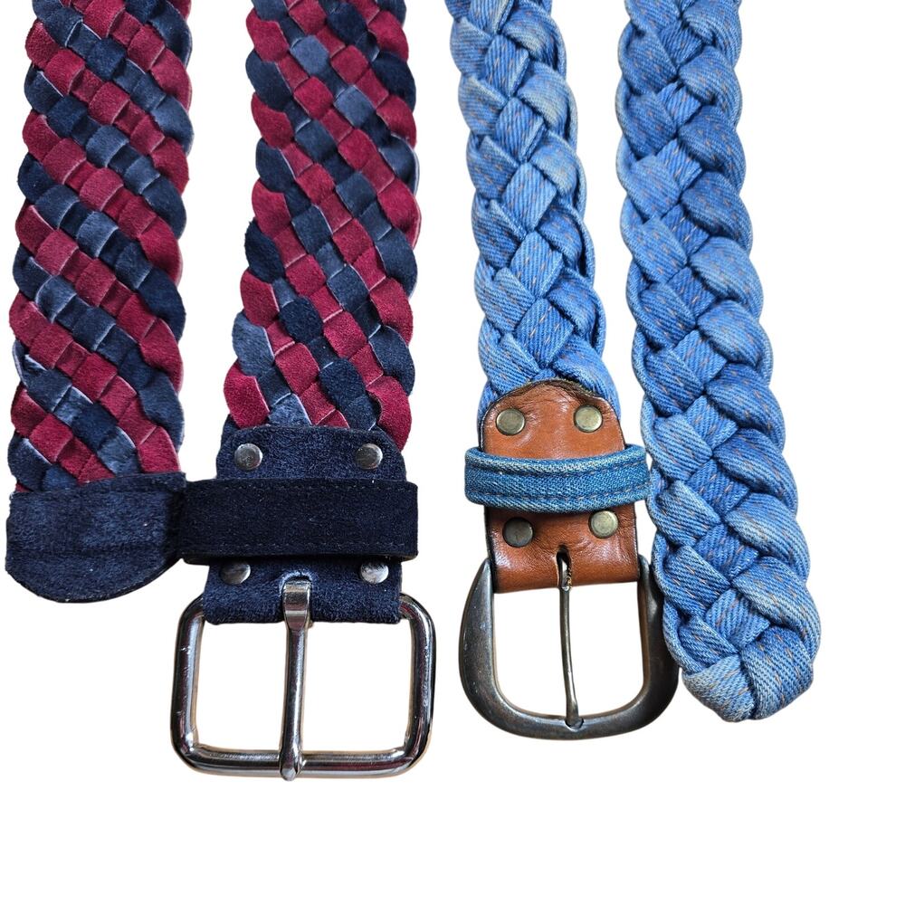 2 1970s Braided Belts: Keegin Denim and Leather, Canterbury  Braided Suede Sz 36
